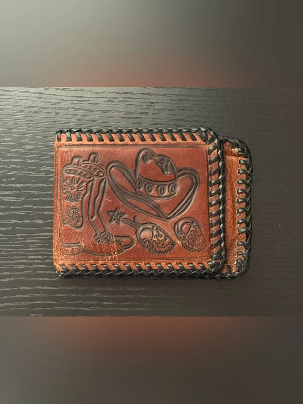 VTG Handmade Leather Wallet with Cowboy Motifs Boots & Spurs, Hat, Gun & Saddle